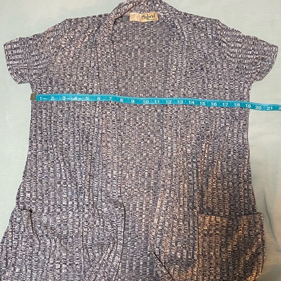 Short Sleeve, Long Open-Front Ribbed Cardigan, Navy/Grey - Picture 6 of 6